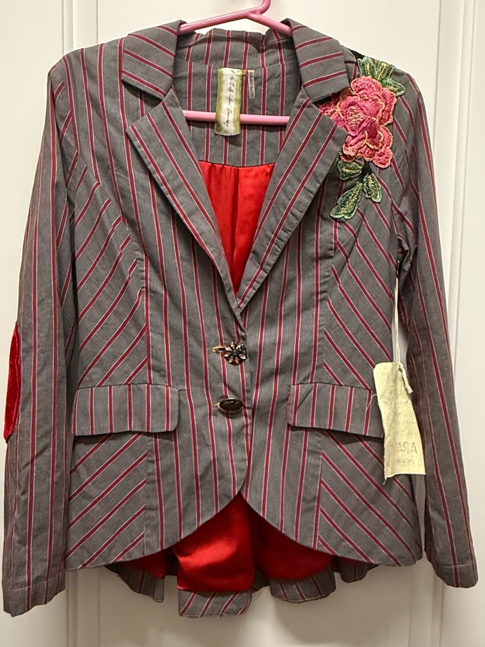 Aratta Striped Embroidered Floral Jacket Blazer - Pink & Gray Net small - Picture 2 of 7